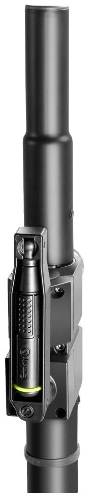 Czarne mikroskop lub urządzenie optyczne zamontowane na statywie, z widocznym zielonym światłem kontrolnym.