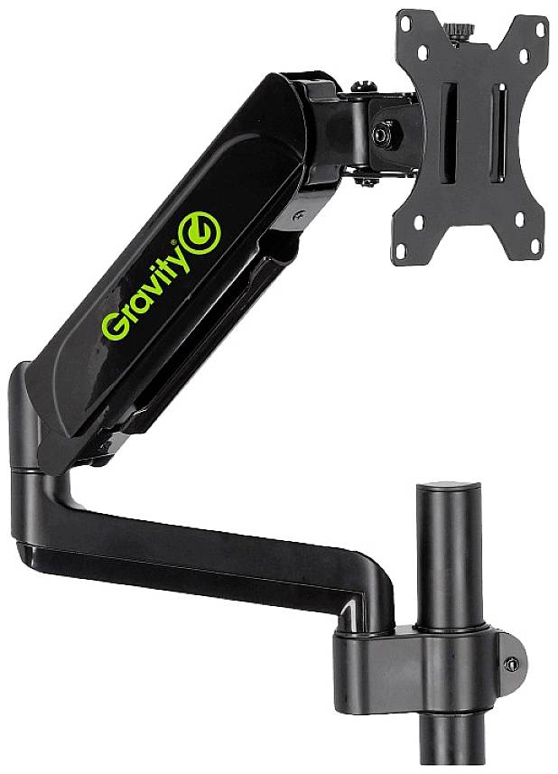 Czarny, regulowany uchwyt monitora z zielonym logo 'Gravity' z boku, przeznaczony do zamocowania monitora na biurku.