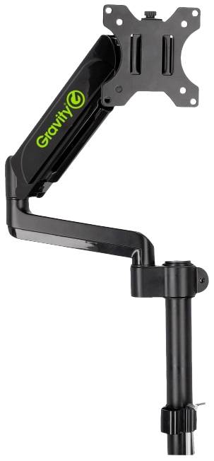 Czarny wysięgnik monitora firmy Gravity, zamocowany na pionowym słupie statywu. Elastyczny przegub umożliwiający regulację wysokości.