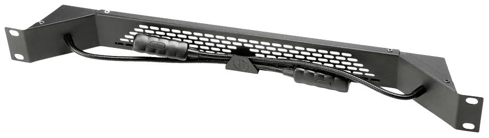 Czarna metalowa kratka z przewodami, odpowiednia do chłodzenia lub wentylacji urządzeń elektronicznych.