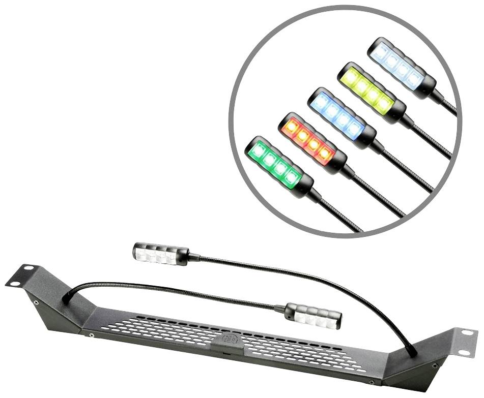 Lampka LED z wieloma opcjami kolorów: zielony, czerwony, niebieski, żółty i biały. Światło jest zamocowane na elastycznym ramieniu.