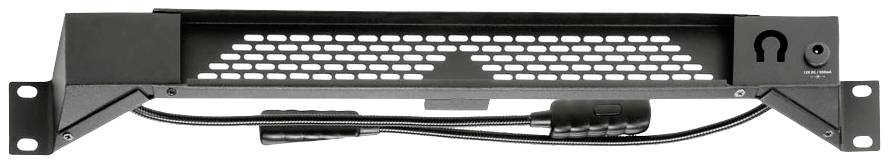 Czarny wentylator do zabudowy o wysokości 1U z otworami montażowymi i pokrętłem regulacji prędkości po prawej stronie.