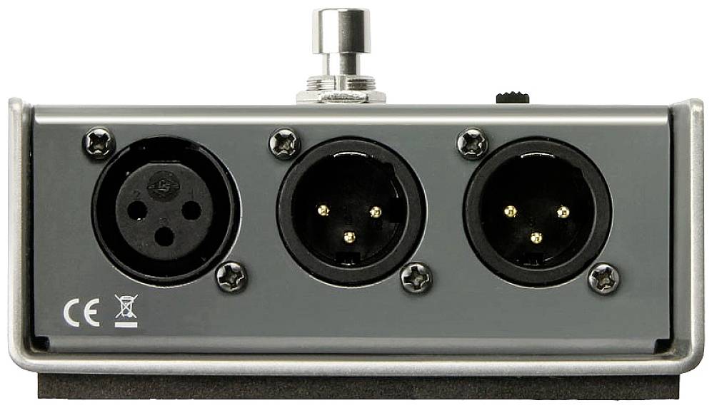 Urządzenie z trzema złączami XLR i przełącznikiem. Po lewej stronie widoczny jest znak CE.