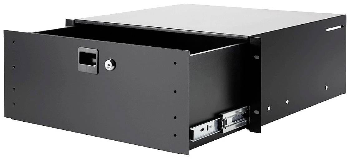 Czarna, częściowo otwarta metalowa szuflada z zamkiem na przedniej części i prowadnicami do precyzyjnego wysuwania.