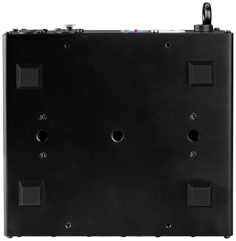 Czarna kwadratowa skrzynka z kilkoma małymi otworami i podniesionymi kwadratowymi kształtami. Na górze znajdują się kolorowe złącza.