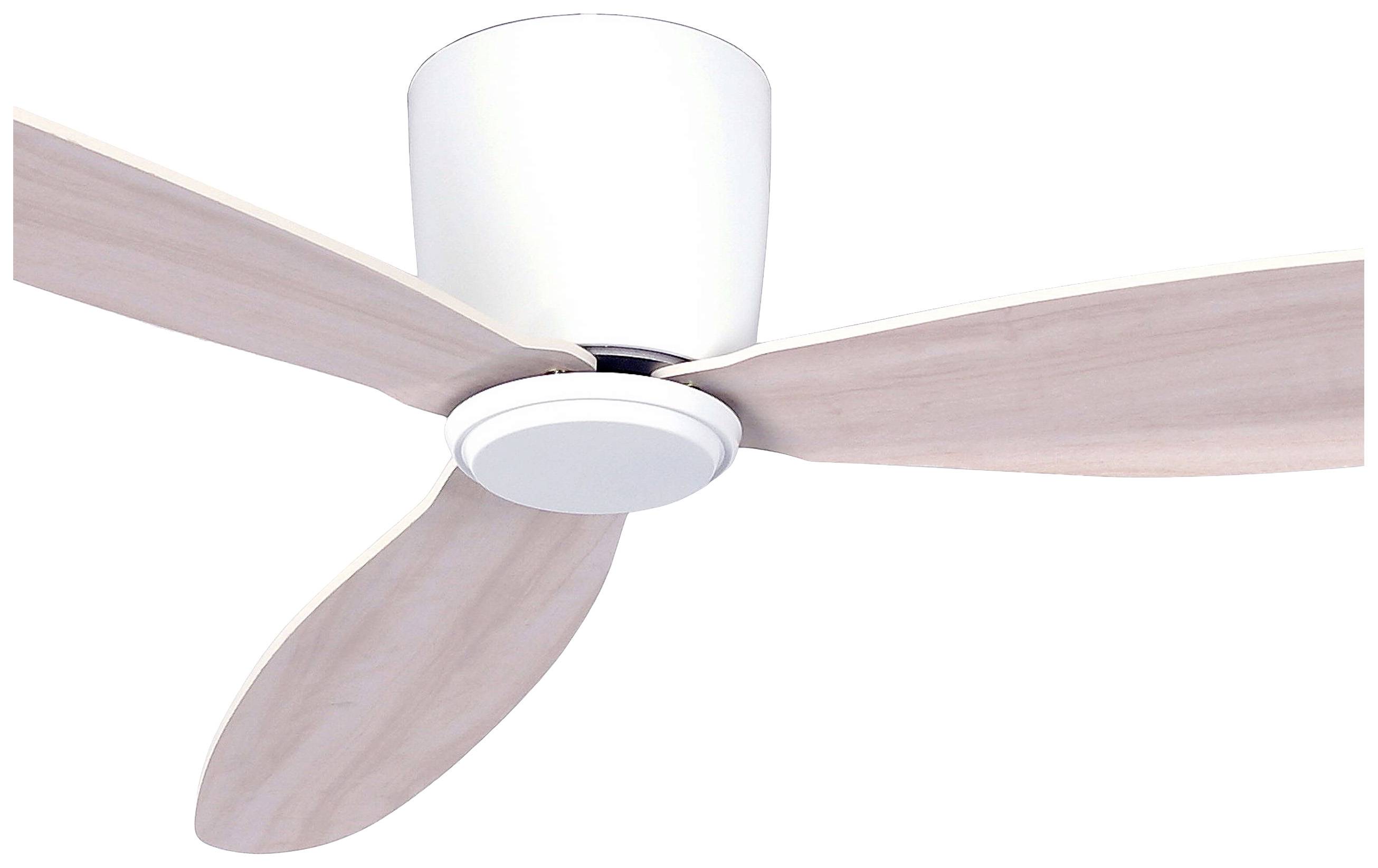 Wentylator sufitowy z trzema jasnymi drewnianymi skrzydłami i białą obudową, idealny do nowoczesnych pomieszczeń mieszkalnych.