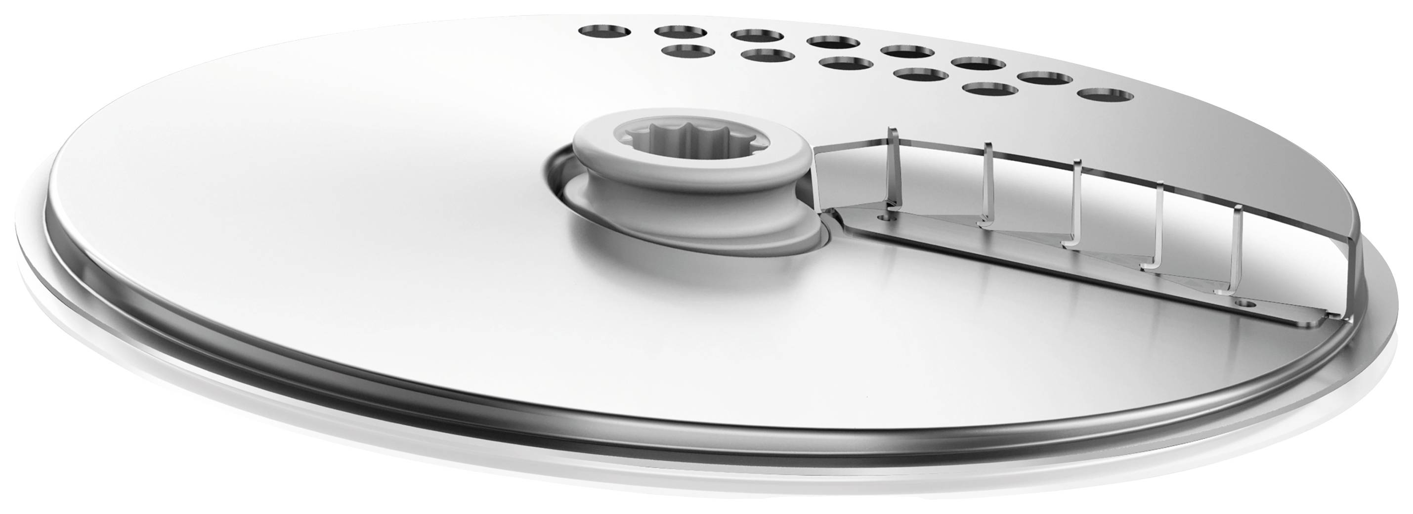 Wypolerowana na wysoki połysk, płaska metalowa komponenta z centralnym otworem i kilkoma małymi, okrągłymi wycięciami.