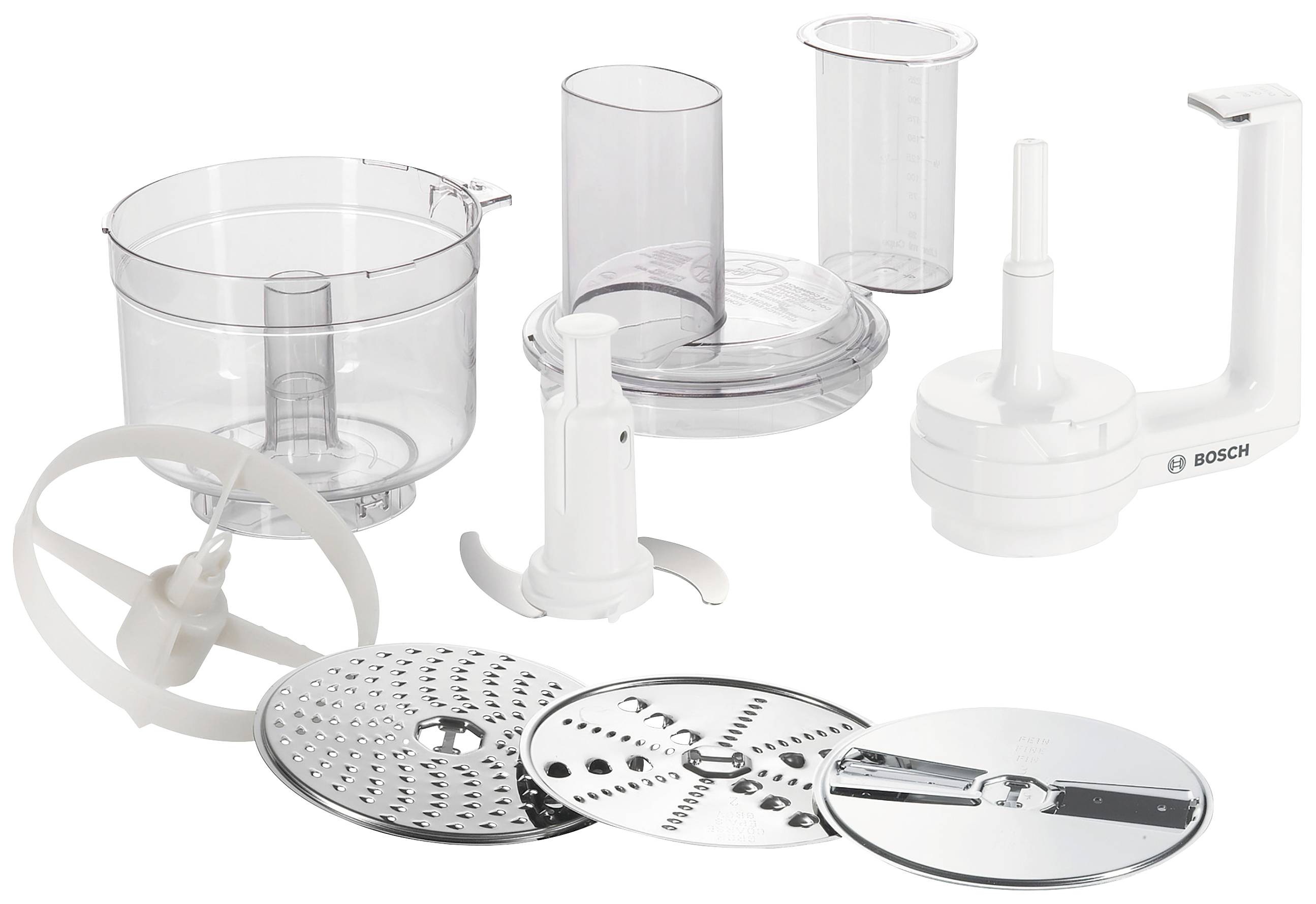 Różne elementy wyposażenia dodatkowego zestawu robota kuchennego. Zawiera miskę, trzepaczkę, wkłady tnące i nasadki.