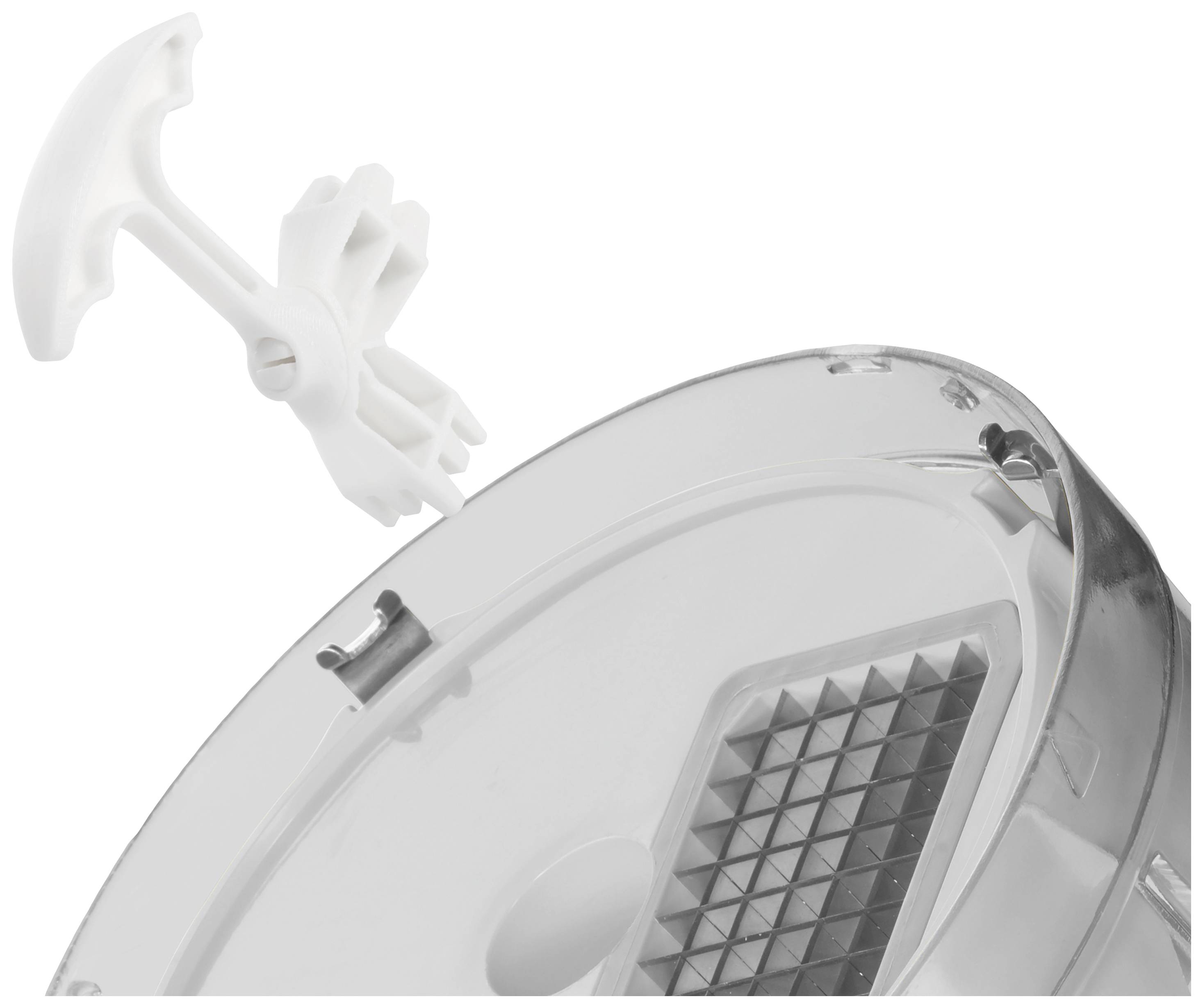 Element z tworzywa sztucznego z wymiennym uchwytem i kratką, prawdopodobnie część urządzenia kuchennego lub przyrządu do krojenia.