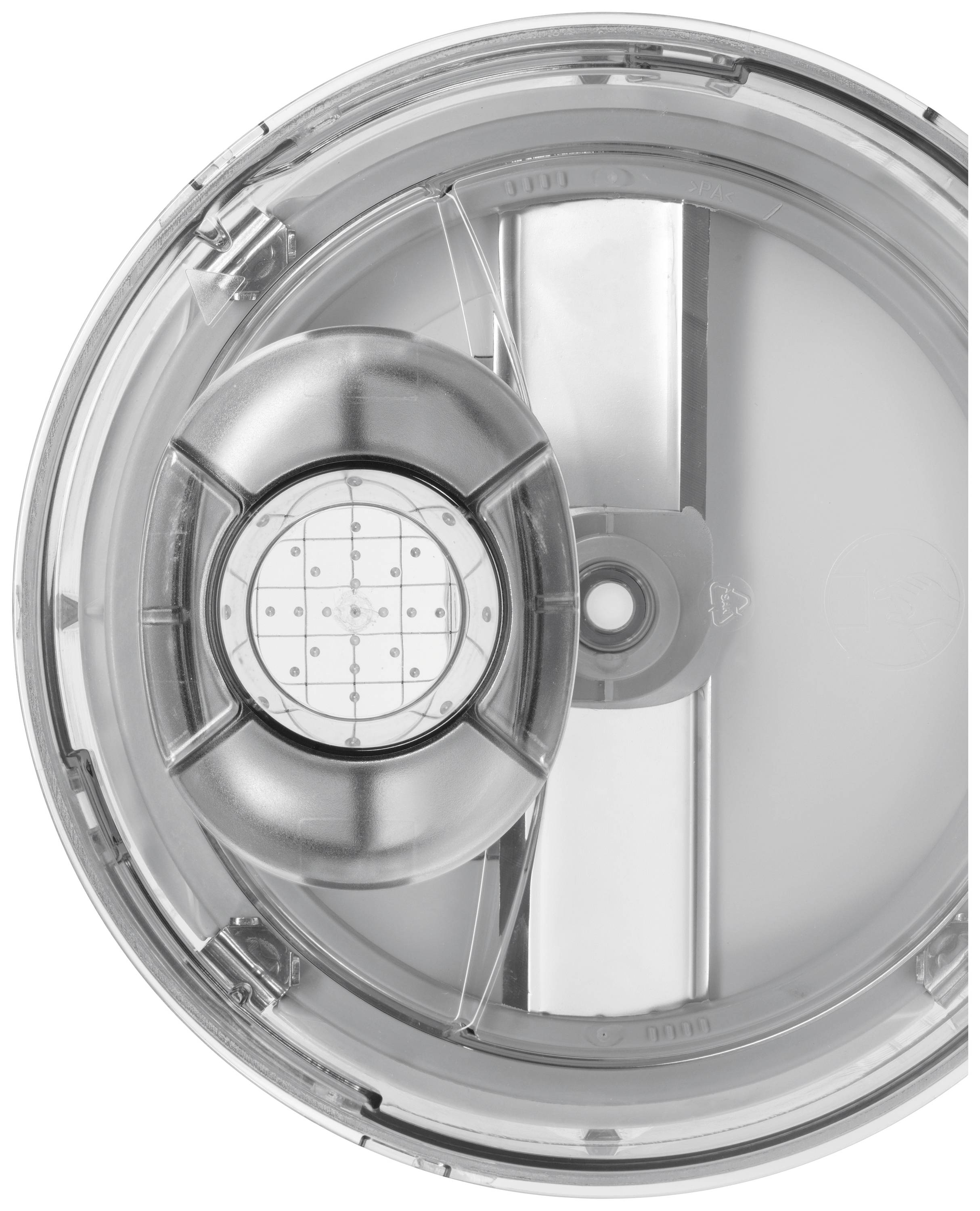 Przezroczysty plastikowy pokrywka z zintegrowanymi elementami metalowymi oraz wewnętrznym wzorem kratki w kształcie koła, widziana z góry.