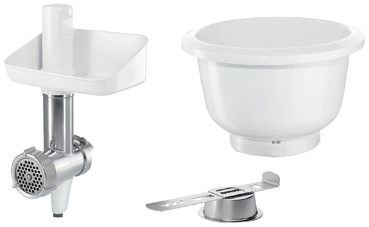 Nasadka do mielenia mięsa, miska do mieszania i element tnący do robota kuchennego. Akcesoria do przetwarzania żywności w kuchni.