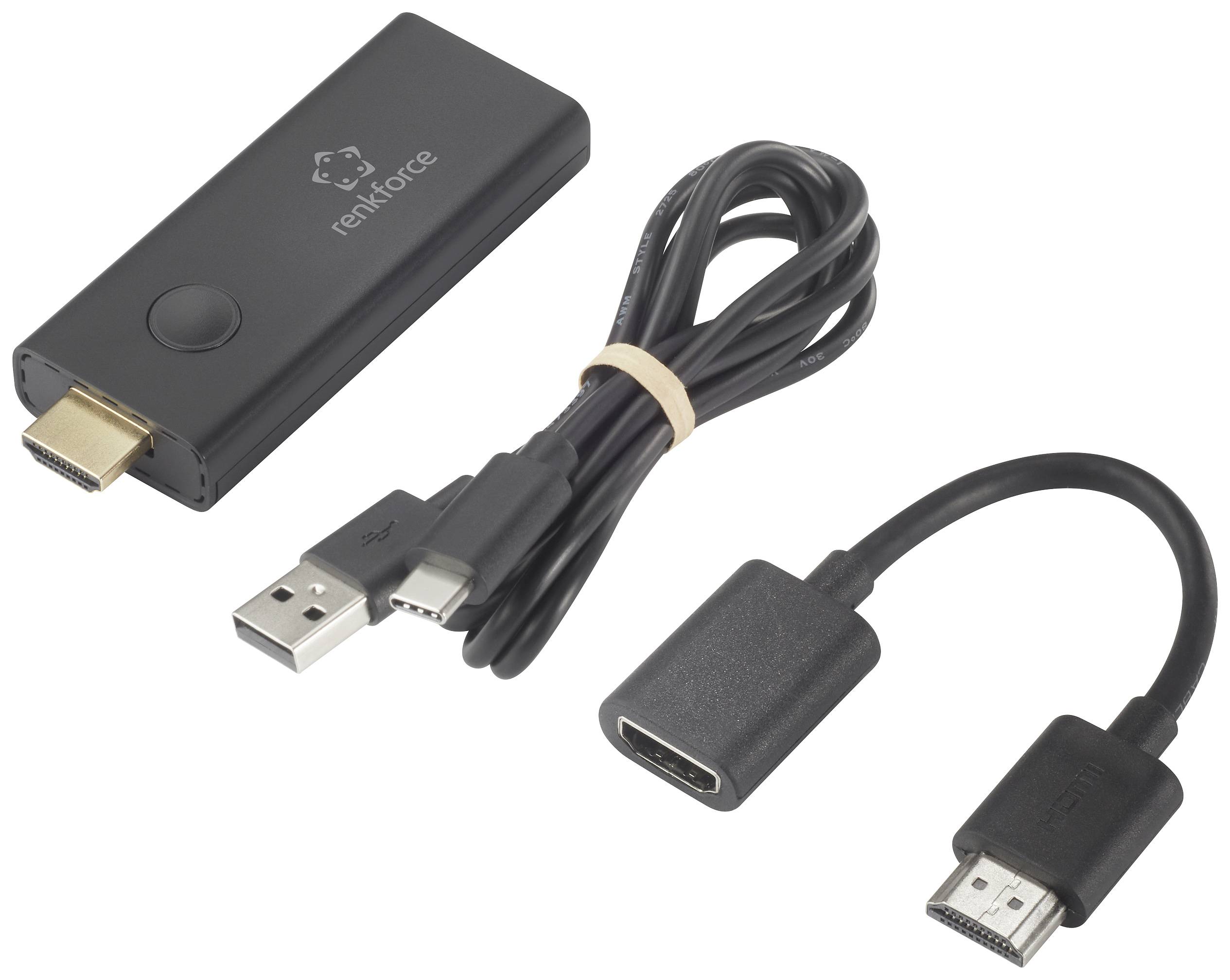 Czarny stick strumieniowy HDMI z kablem USB, wtyczką USB i adapterem HDMI, przeznaczony do podłączenia do telewizora.