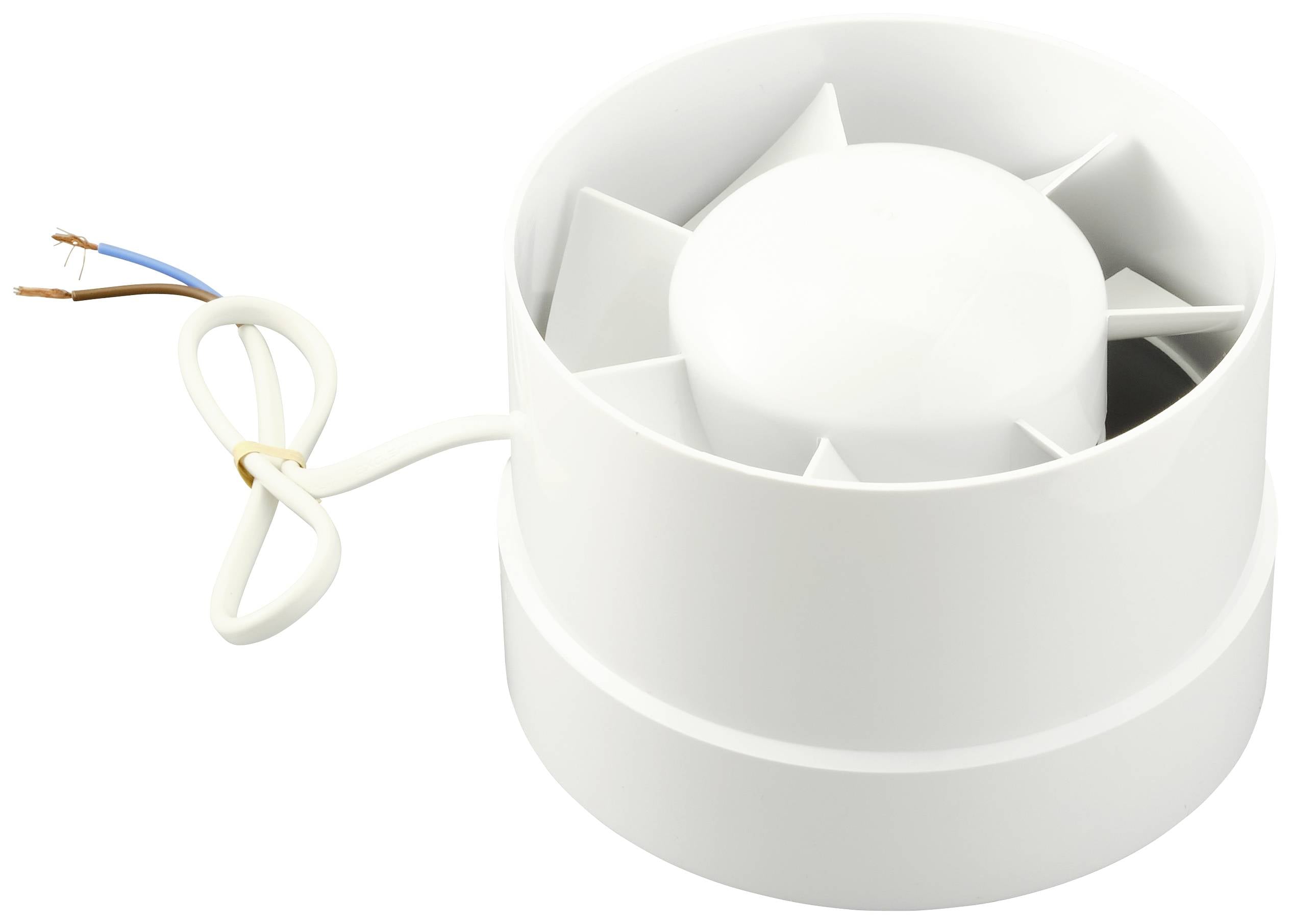 Biały, cylindryczny wentylator z otwartymi łopatkami; dwa nieosłonięte przewody z boku.