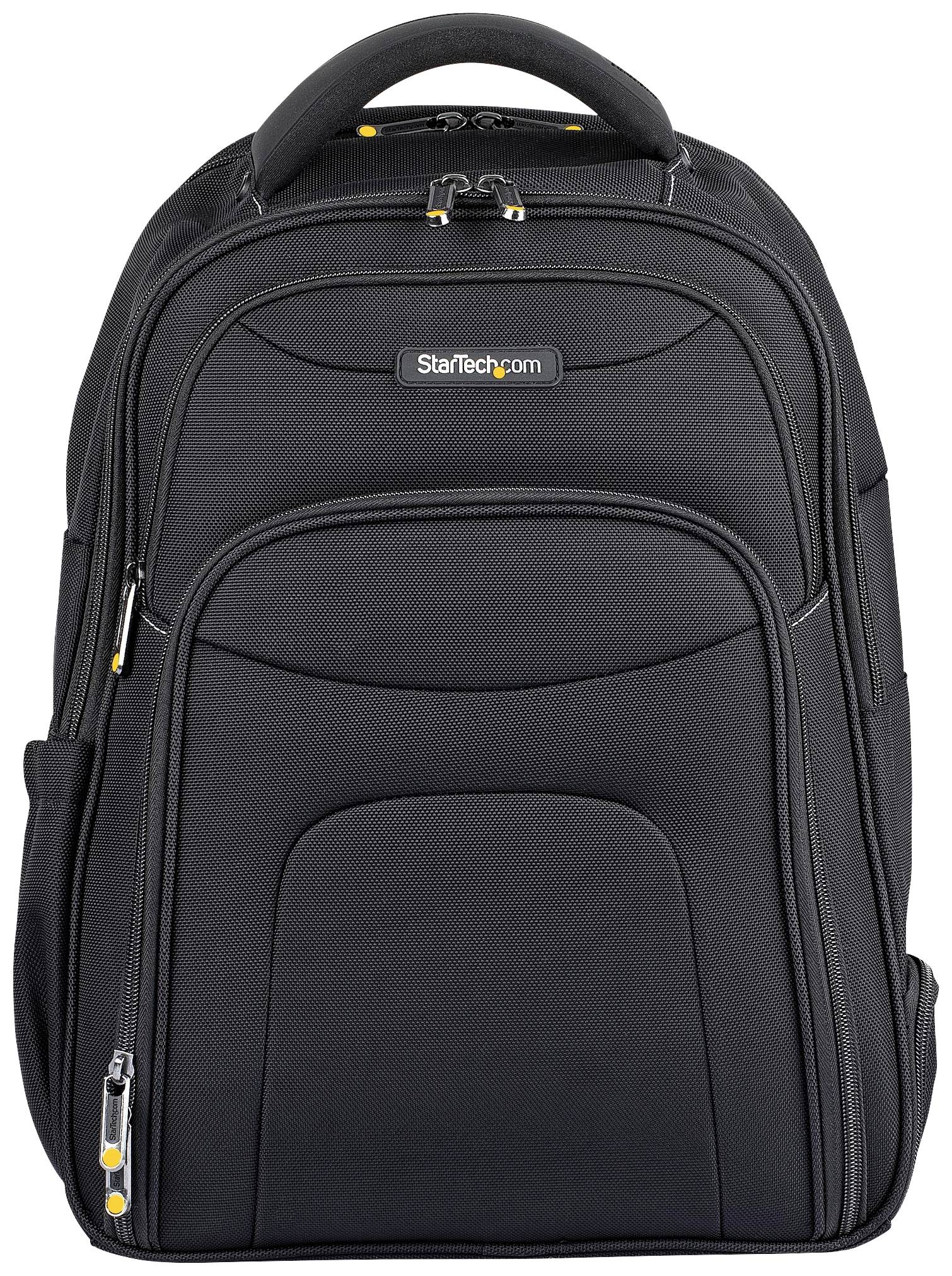 Czarny plecak z wieloma komorami i logo marki na górze. Odpowiedni do transportu laptopów i akcesoriów.