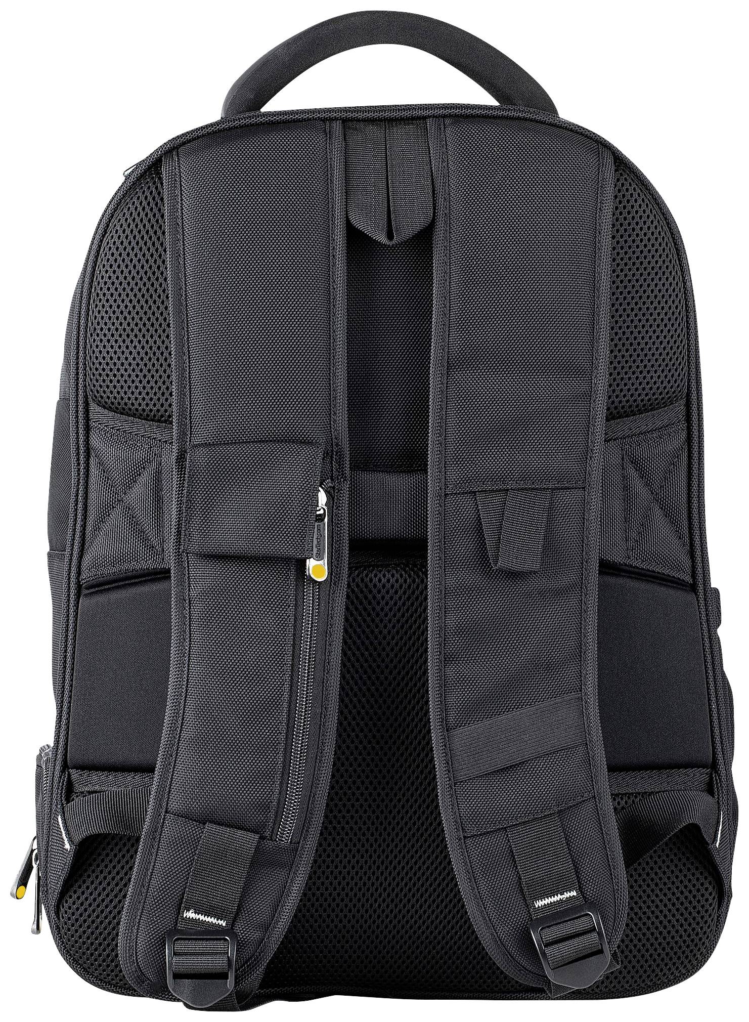 Czarny plecak z dwoma wyściełanymi paskami i pętlą do noszenia na górze. Kieszenie z zamkami błyskawicznymi z przodu.