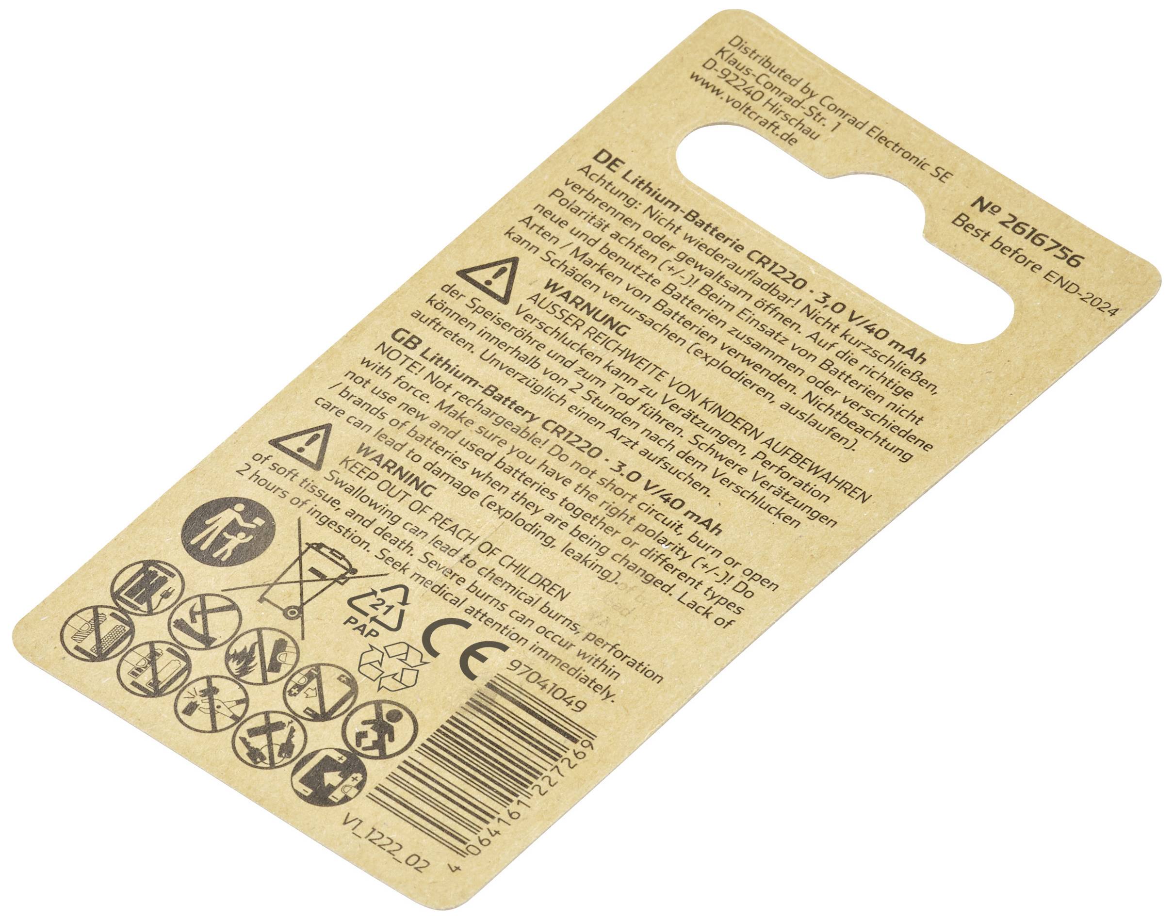 Opakowanie baterii litowej CR1220, 3V, 40 mAh. Zawiera ostrzeżenia oraz różne symbole dotyczące bezpieczeństwa i utylizacji.