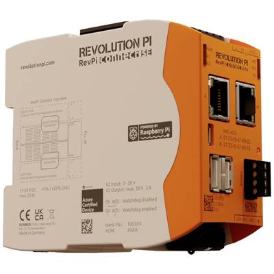 Elektroniczne urządzenie o nazwie 'Revolution Pi' z pomarańczowo-białą obudową z tworzywa sztucznego, złączami Ethernet oraz logo Raspberry Pi.