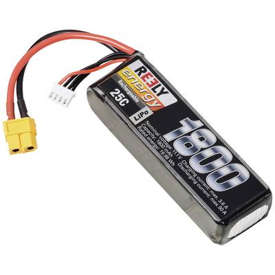 Prostokątny akumulator LiPo o pojemności 1800 mAh i prądzie rozładowania 25C, wyposażony w dwa przewody i żółtą wtyczkę.