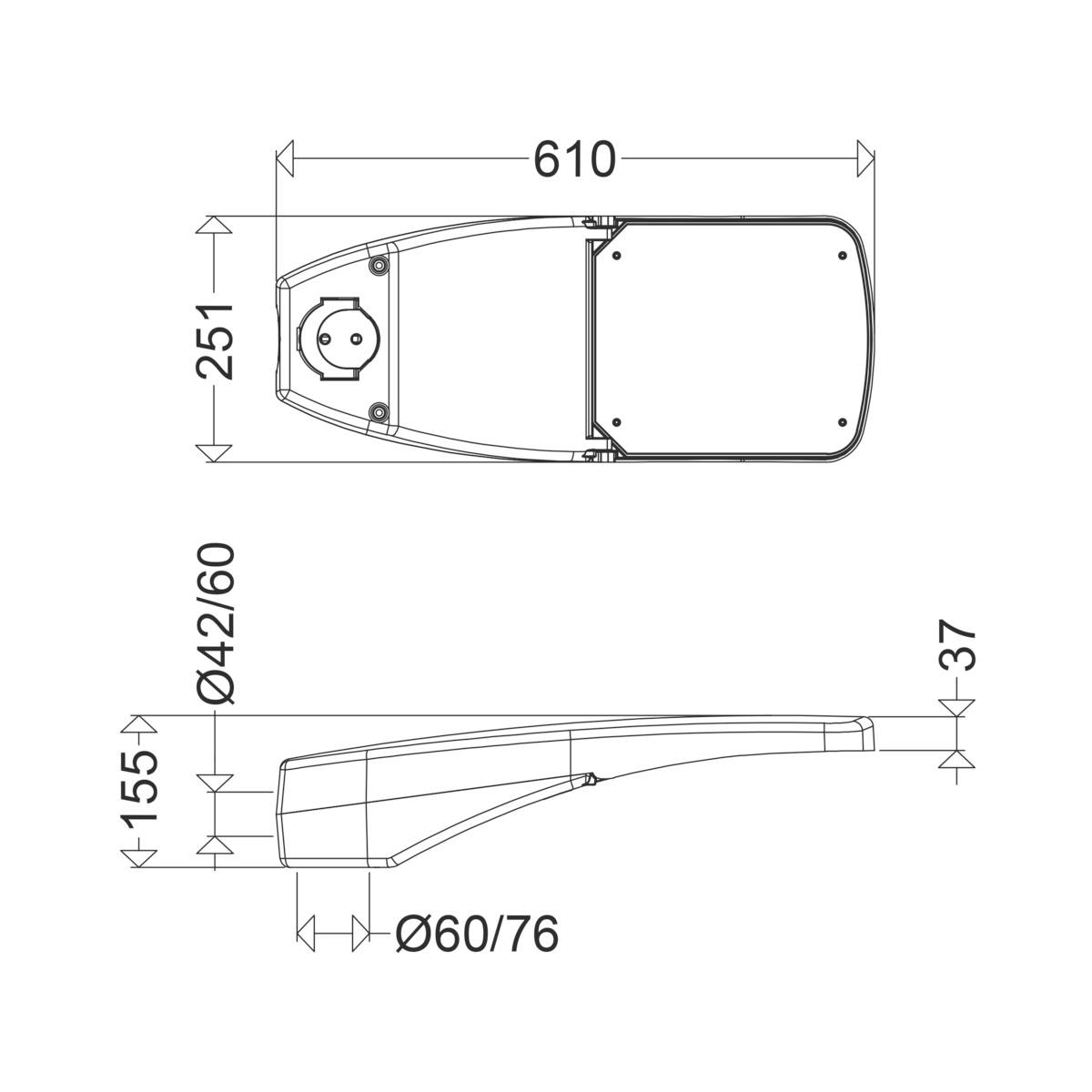 Rysunek techniczny latarni ulicznej z wymiarami: długość 610 mm, szerokość 251 mm, średnica słupa 60/76 mm, wysokość całkowita 155 mm.