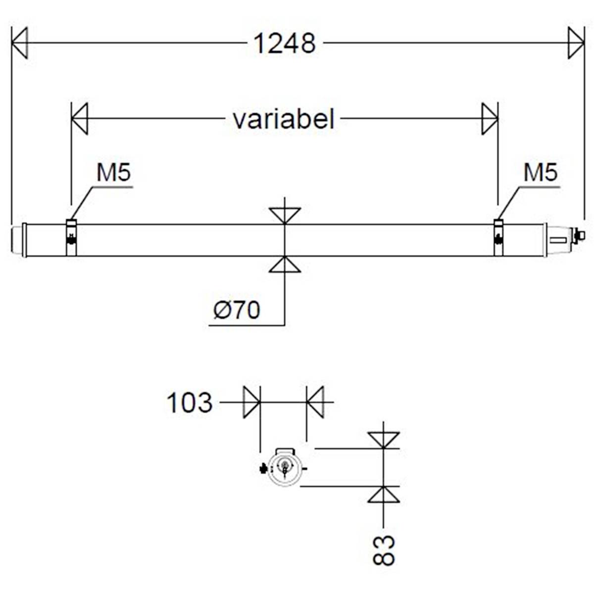 Rysunek techniczny cylindra o zmiennej długości. Wymiary: 1248 mm maksymalna długość, średnica 70 mm. Zawiera złącza M5.
