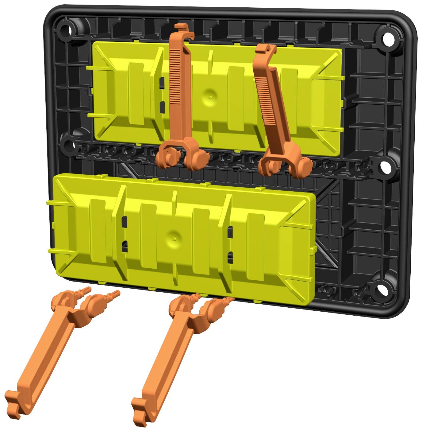 Żółta pomoc montażowa z dwoma pomarańczowymi śrubami mocującymi do czarnej płyty ściennej. Odpowiednia do instalacji budowlanych.