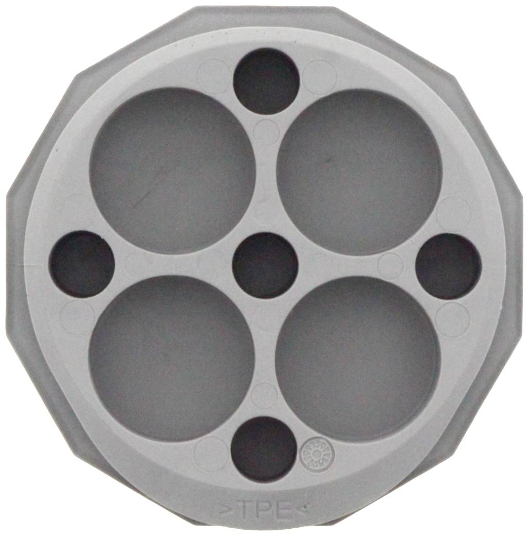 Szara przepust kablowy z tworzywa sztucznego z wieloma okrągłymi otworami o różnych rozmiarach.