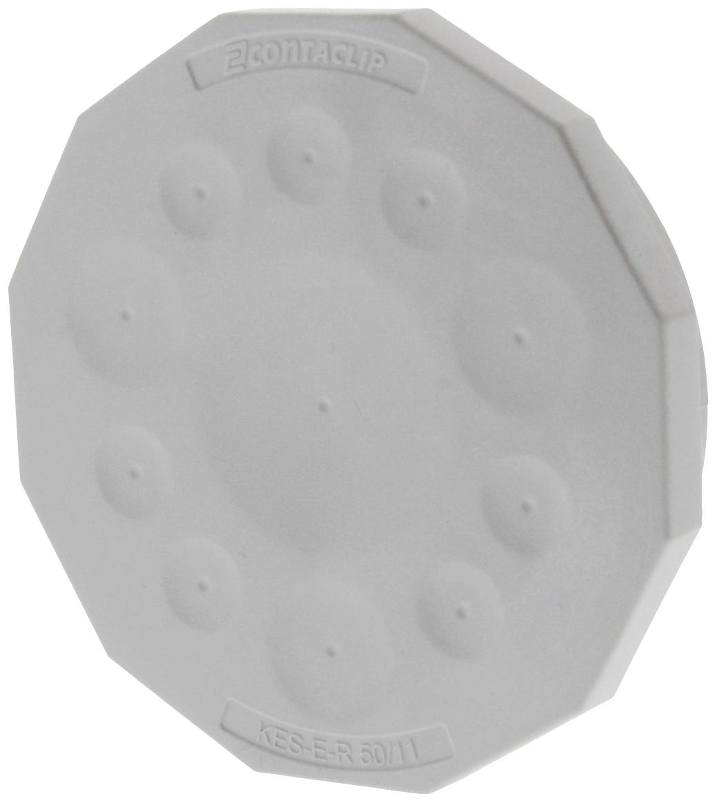 Szare, płaskie element z tworzywa sztucznego o zaokrąglonych krawędziach z wybitym tekstem 'CONTA-CLIP' oraz 'KES-ER 50/11'.