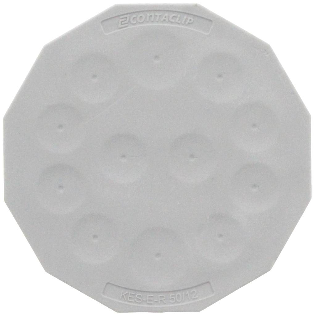 Szary, ośmiokątny zatyczka z tworzywa sztucznego z kilkoma okrągłymi wgłębieniami, odpowiednia do zakrywania lub uszczelniania obudów elektronicznych.