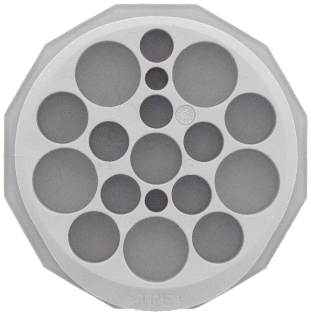 Szara plastikowa szablon z otworami różnej wielkości w kształcie kół, używana do pomiarów lub jako szablon do rysowania kół.
