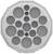 Szara plastikowa szablon z otworami różnej wielkości w kształcie kół, używana do pomiarów lub jako szablon do rysowania kół.