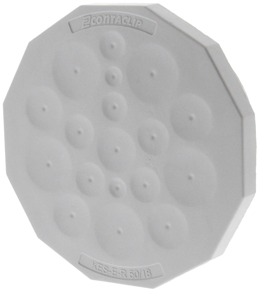 Ośmiokątna, szara pokrywa z tworzywa sztucznego z kilkoma okrągłymi wypustkami. Powyżej widnieje napis 'CONTA CLIP', poniżej 'KES-E-R 50/18'.