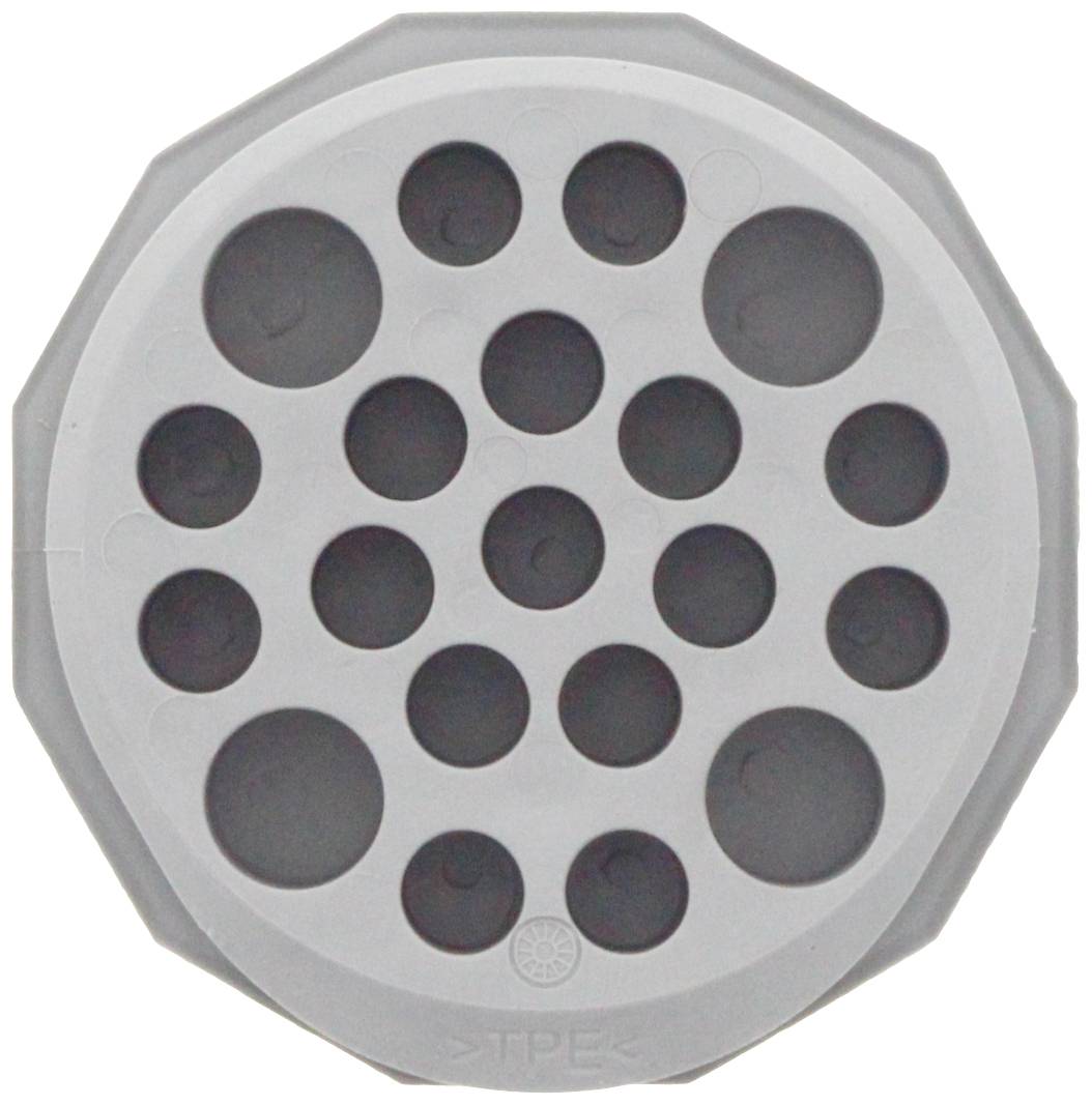 Okrągła, szara uszczelka silikonowa z wieloma otworami o różnych rozmiarach, odpowiednia do przepustów kablowych i uszczelnień.