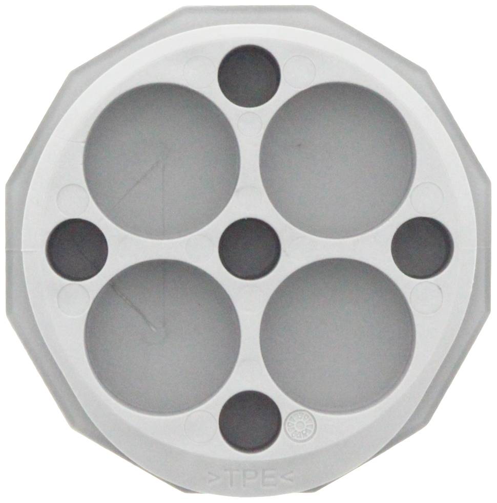 Szara uszczelka z tworzywa sztucznego z wieloma otworami o różnych rozmiarach, prawdopodobnie przeznaczona do wprowadzania kabli i ich uszczelnienia.