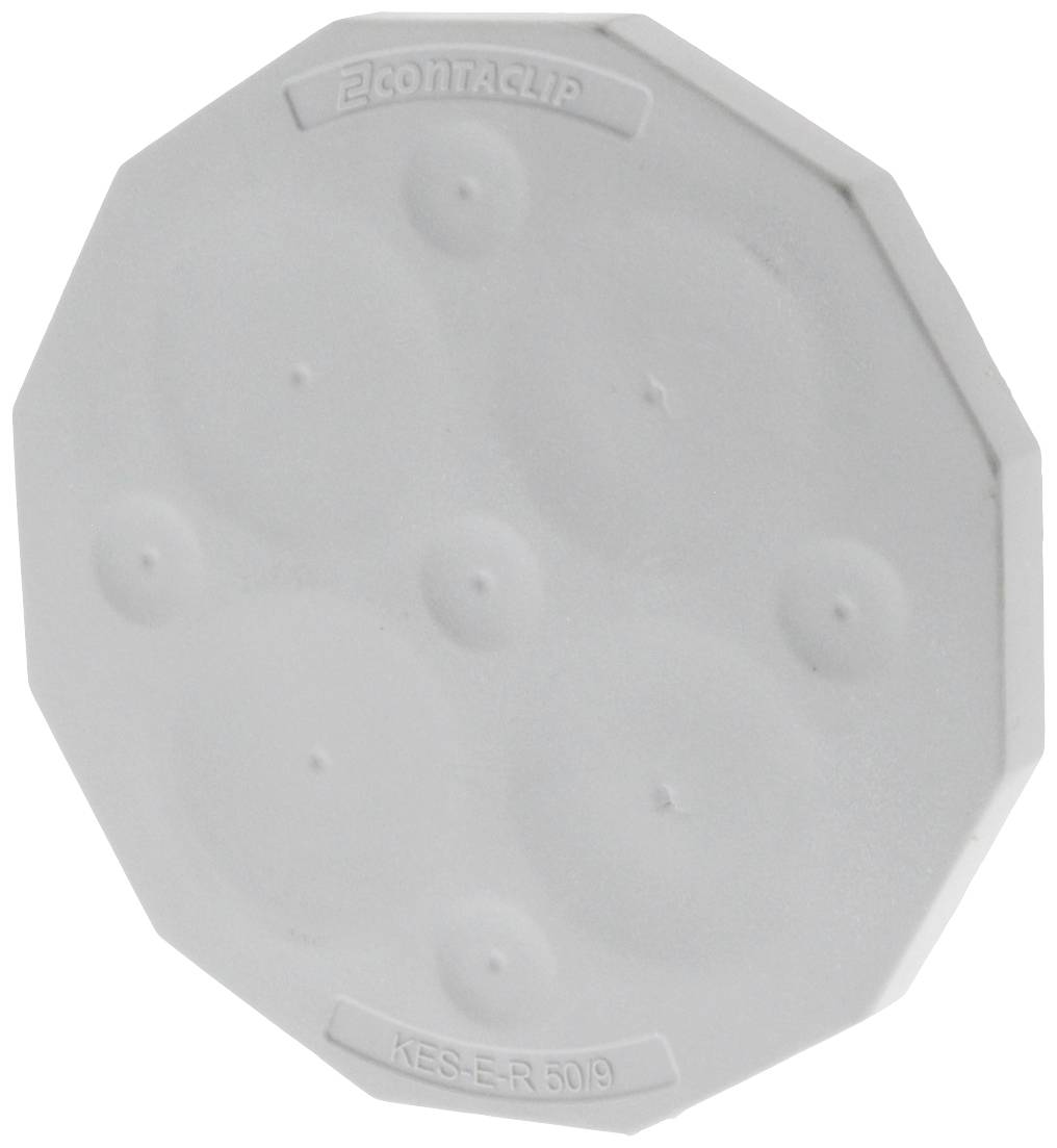 Okrągła biała nakładka z wypukłymi punktami z napisem '2CON'TAC'LIP KES-E-R 50/9'. Materiał z tworzywa sztucznego, element techniczny.