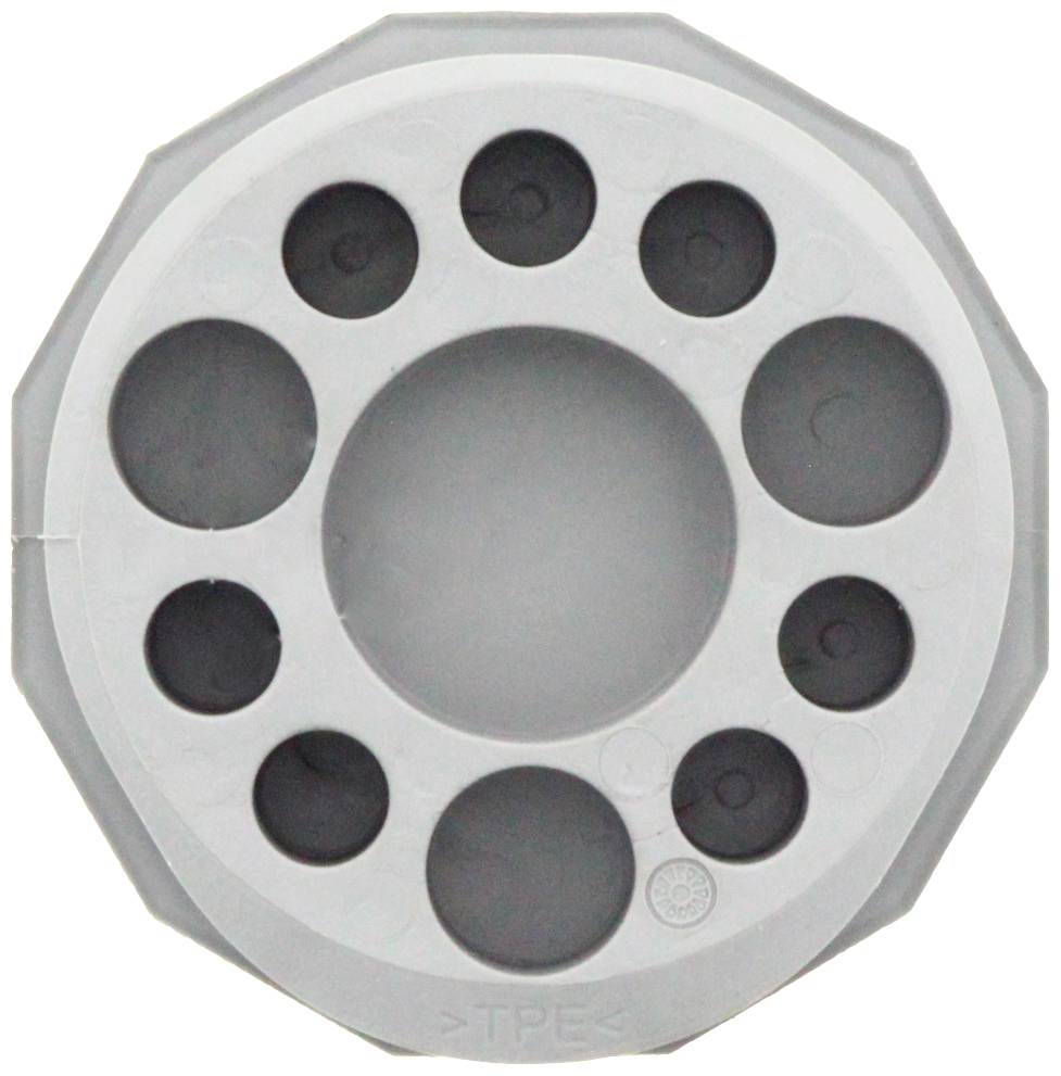 Okrągły szary element z tworzywa sztucznego z kilkoma otworami o różnych rozmiarach, rozmieszczonymi symetrycznie. Możliwy moduł lub wkładka.