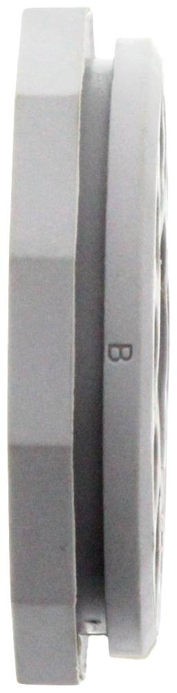 Widok z boku szarej, okrągłej komponenty mechanicznej z wystającymi, płaskimi krawędziami i małą literą 'B' na powierzchni.