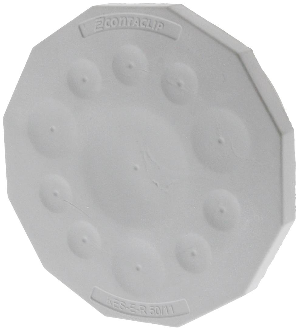 Szary, okrągły gumowy kapturek z napisem 'CONTA-CLIP'. Posiada kilka kół jako oznaczenia oraz małe wypustki.