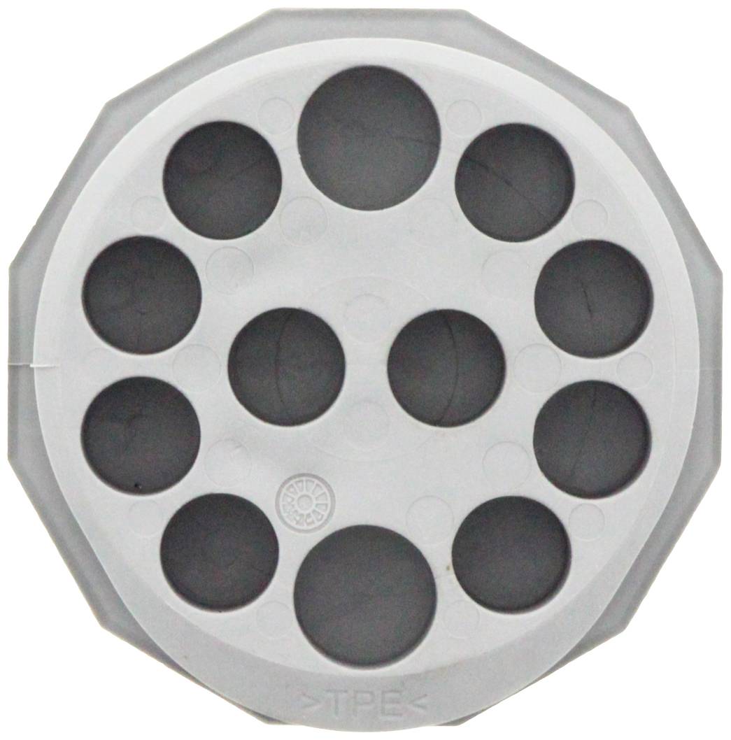 Okrągła osłona z wieloma małymi otworami oraz jednym centralnym, dużym otworem, prawdopodobnie przeznaczona do zarządzania kablami lub wentylacji.