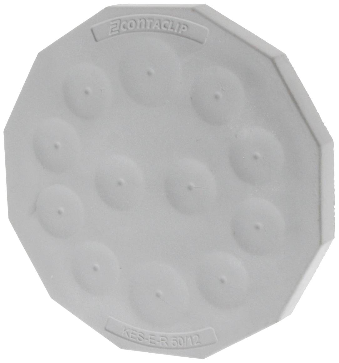 Szare, okrągłe płaskie kółko z kilkoma wypukłościami. Na górze wytłoczono napis 'CONTA-CLIP'. Na dole widnieje napis 'KES-E-R 50/12'.