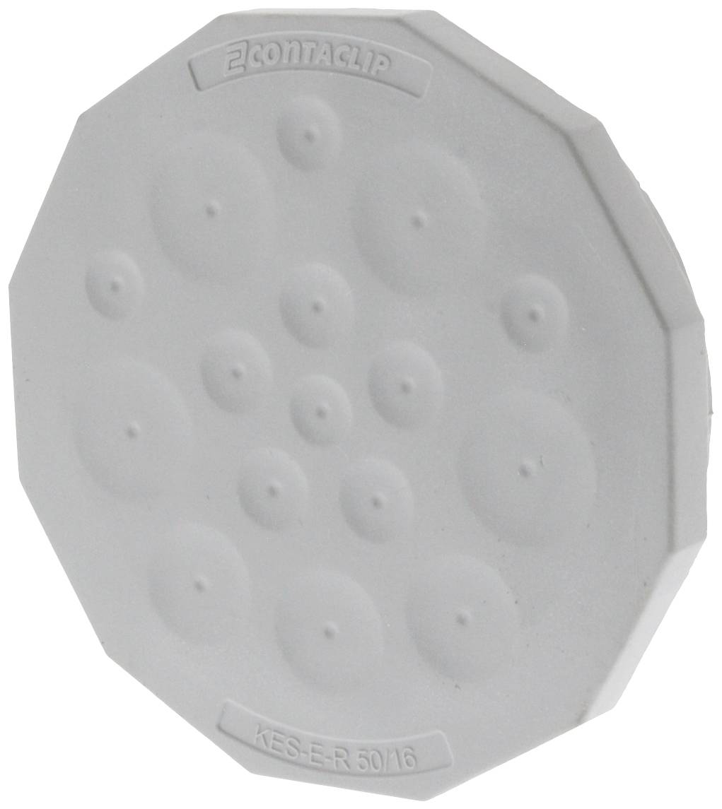 Biały, okrągły gumowy korek z kilkoma okrągłymi wypustkami, z napisem 'KES-R 50 / 16'.