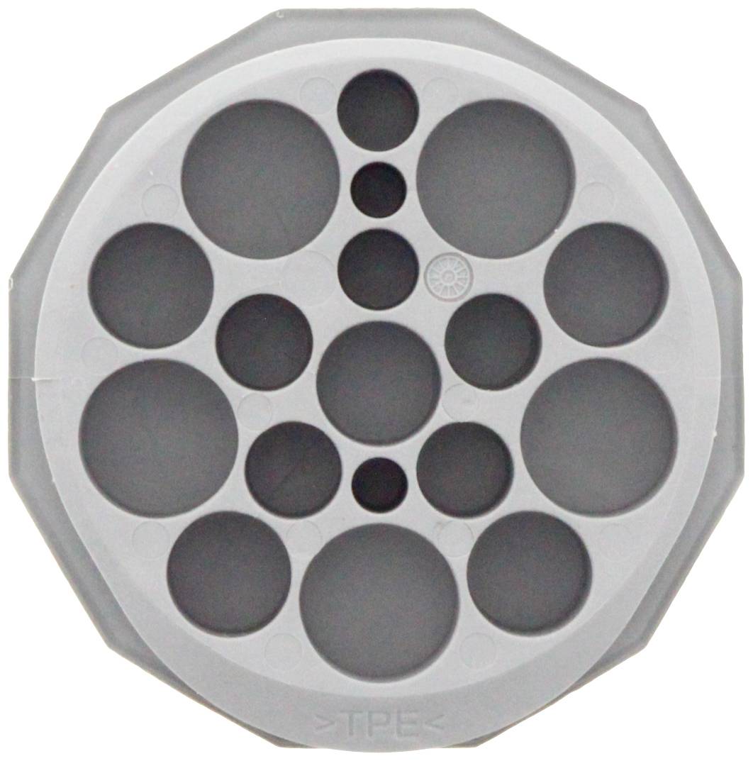 Szara mata z tworzywa sztucznego z wieloma okrągłymi wgłębieniami o różnych rozmiarach.