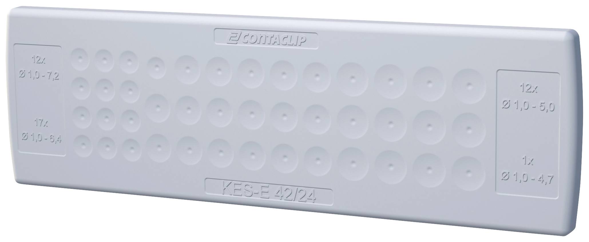 Białe tworzywo sztuczne z kilkoma okrągłymi wcięciami z napisem 'YES-E 4224'.