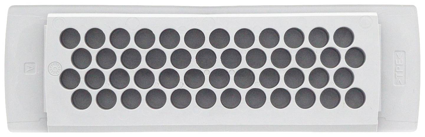 Białe plastikowe pudełko z wieloma okrągłymi zagłębieniami, przeznaczone do umieszczania małych obiektów lub płynów w siatce.