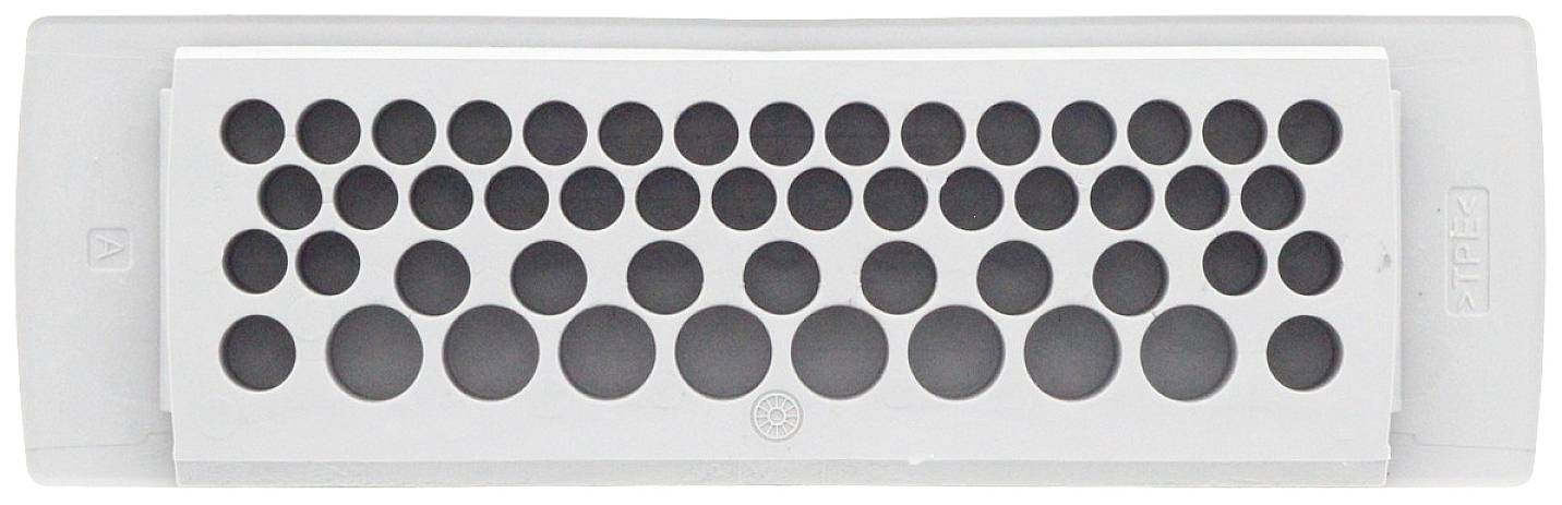 Prostokątne plastikowe pudełko z 60 okrągłymi zagłębieniami w sześciu rzędach, które może służyć do przechowywania małych przedmiotów.