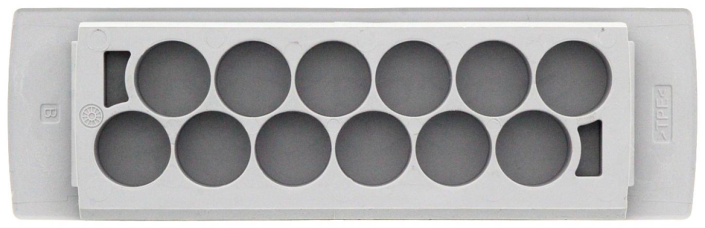 Forma do lodu z dwunastoma okrągłymi komorkami, wykonana z szarego tworzywa sztucznego, sfotografowana z przodu.