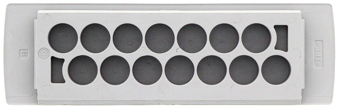 Szary element z tworzywa sztucznego z wieloma okrągłymi otworami ułożonymi symetrycznie w dwóch rzędach. Prawdopodobnie część urządzenia lub uchwytu.