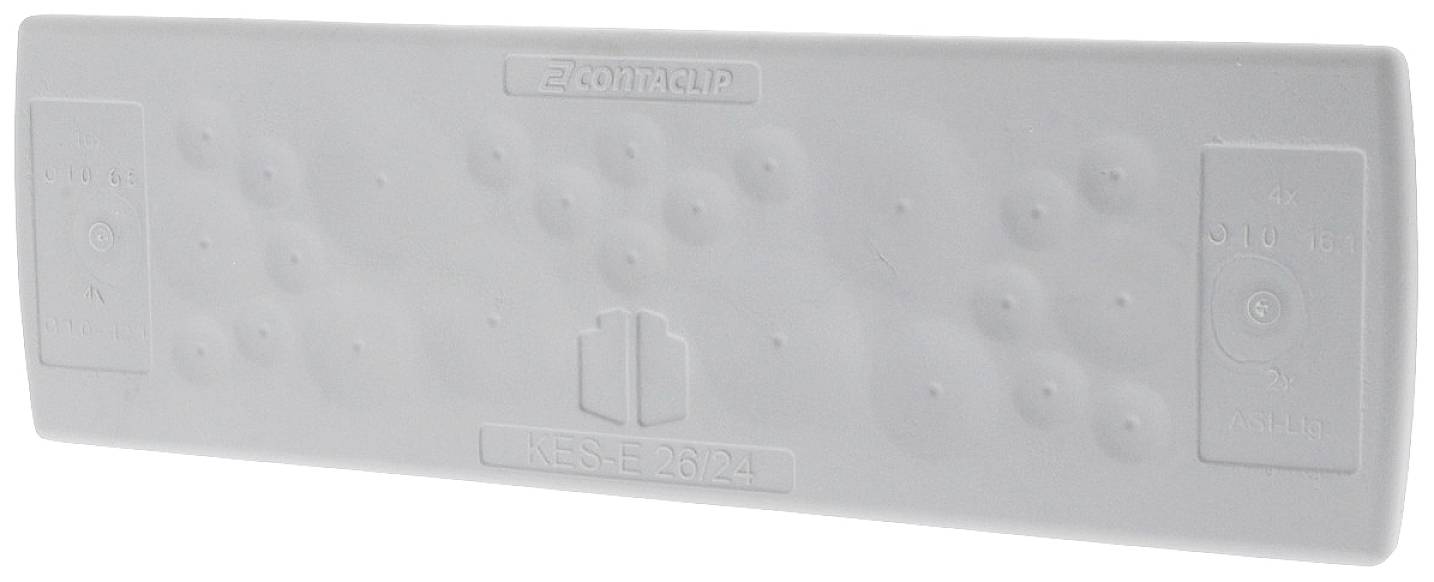 Biała plastikowa osłona z symbolem kontaktu i wypukłymi punktami na powierzchni, o prostokątnym kształcie.