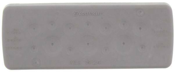 Szara, prostokątna uszczelka z wieloma okrągłymi otworami przeznaczona do przeprowadzania kabli i przewodów.