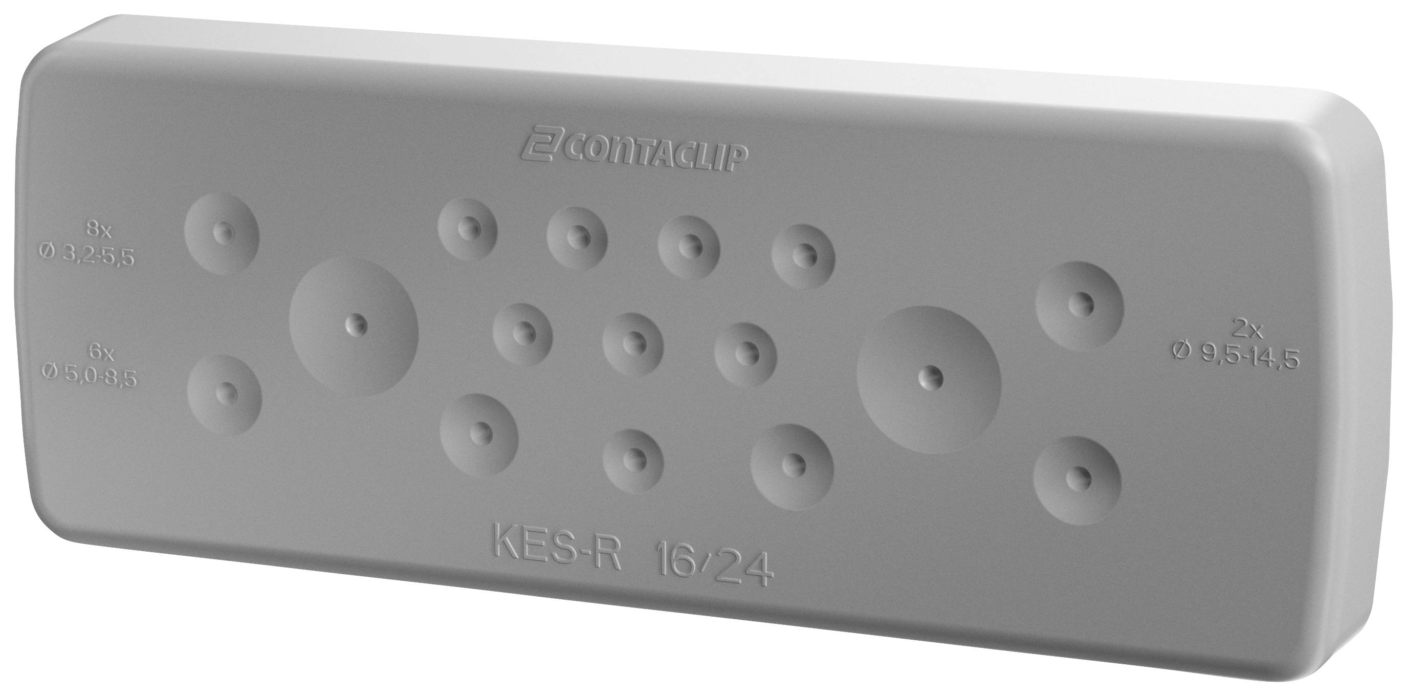 Prostokątny szary przepust kablowy z wieloma otworami o różnych rozmiarach, oznaczony napisem 'KES-R 16/24' i logo.