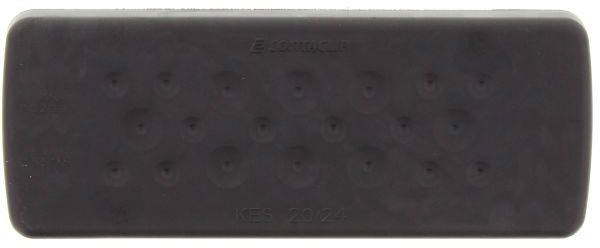 Czarny prostokąt z wypukłymi, nieczytelnymi znakami. Może być narzędziem lub częścią urządzenia, brakuje dodatkowego kontekstu.